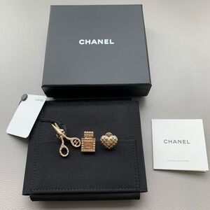 CHANEL Gold-Tone Brooch Trio — Perfume Bottle, Quilted Heart & Logo Scissors